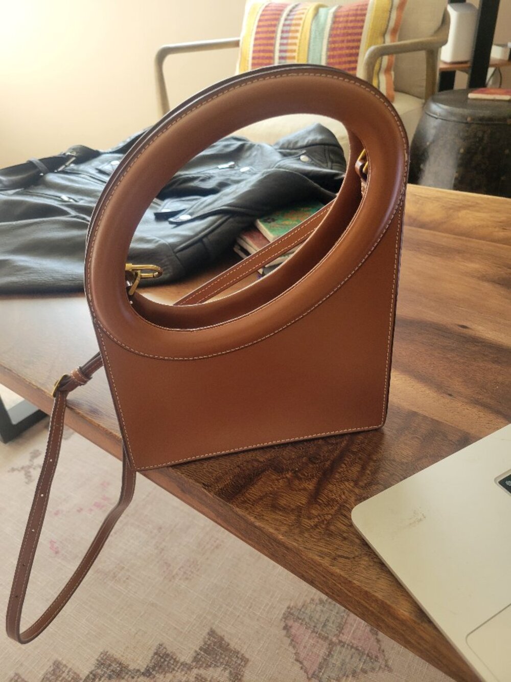 STAUD Limone Tan Leather Asymmetrical Top Handle Crossbody Bag